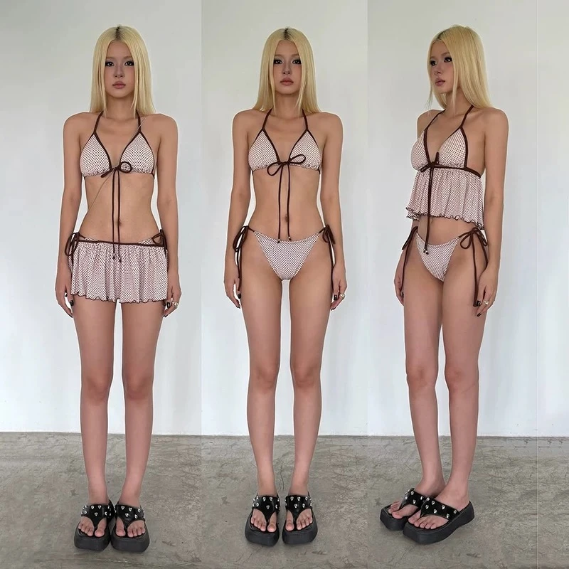 Sun【粉点】泳衣温泉女比基尼小香风纯欲波点遮肉显瘦海边度假泳装