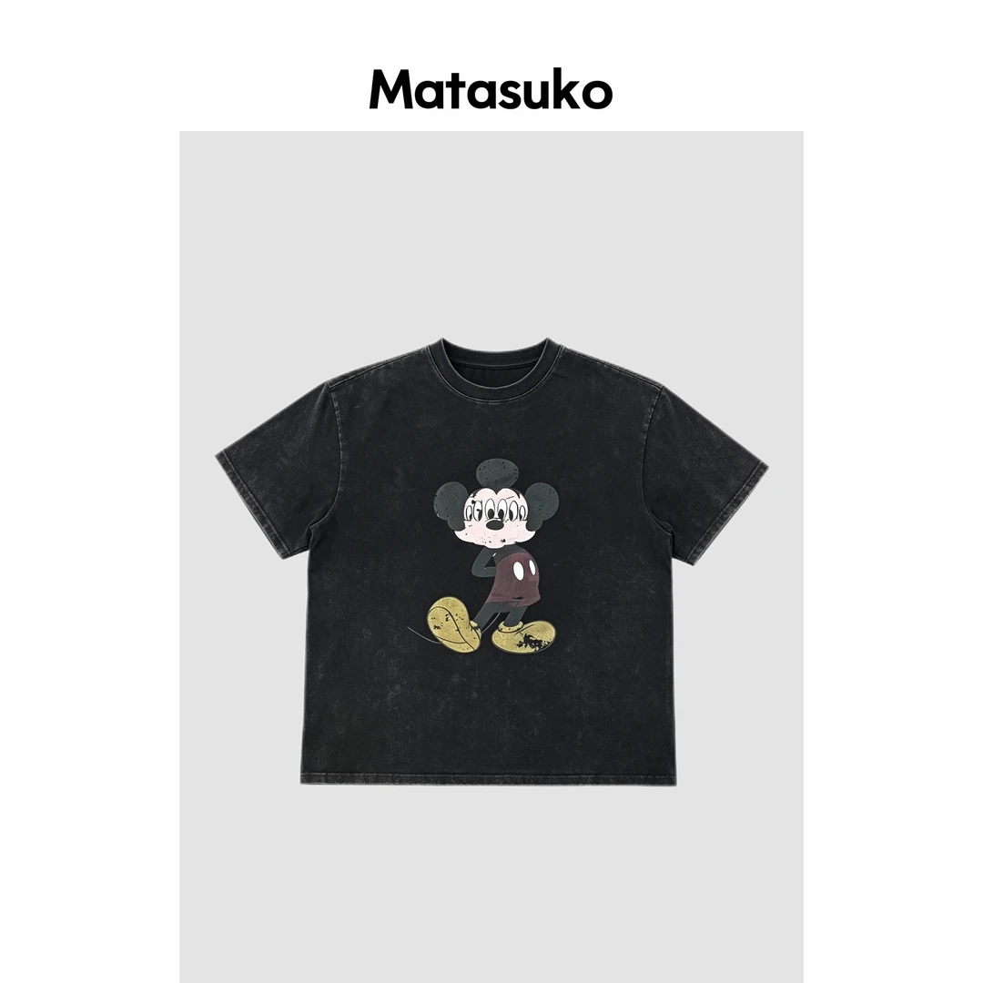 MATASUKO 摇头米奇 水洗做旧印花 慵懒复古风 宽松休闲短袖圆