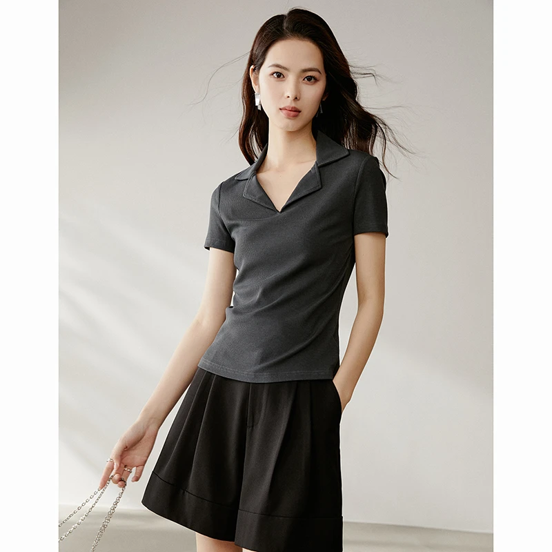 【断码清仓】2025春夏新短袖翻领弹力T恤女25010603