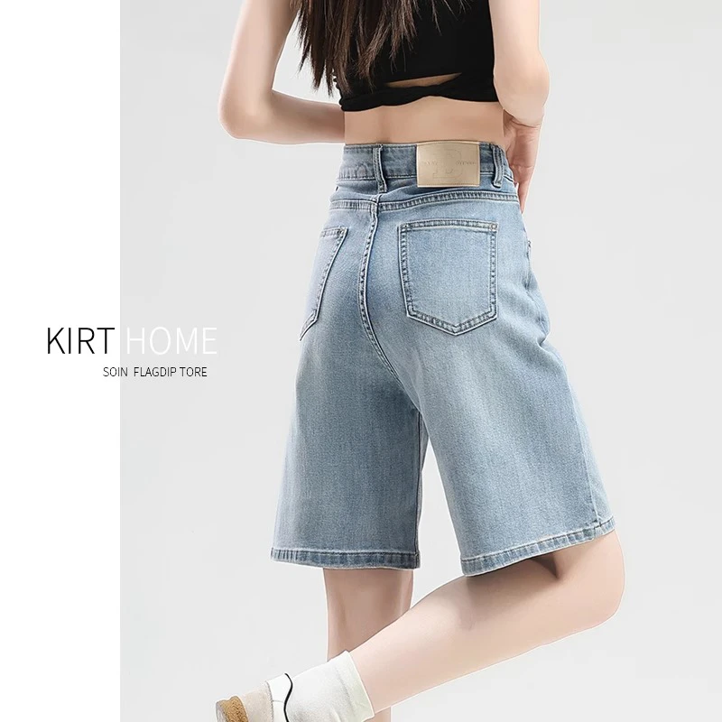 浅蓝色牛仔短裤女2025夏季薄款高腰显瘦显高小个子直筒阔腿四分裤