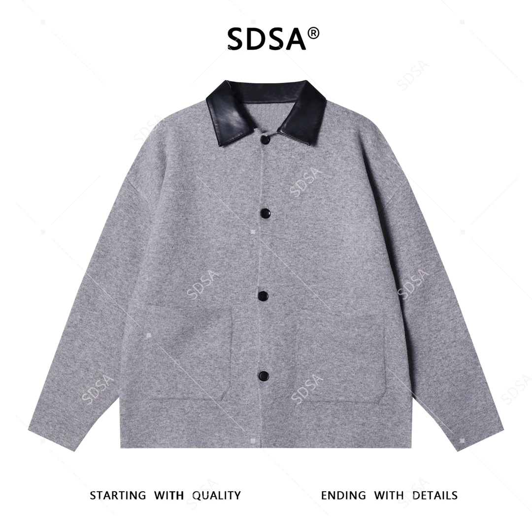 SDSA秋冬新款痞帅男装时尚拼色翻领针织衫百搭慵懒风毛衣外套宽松
