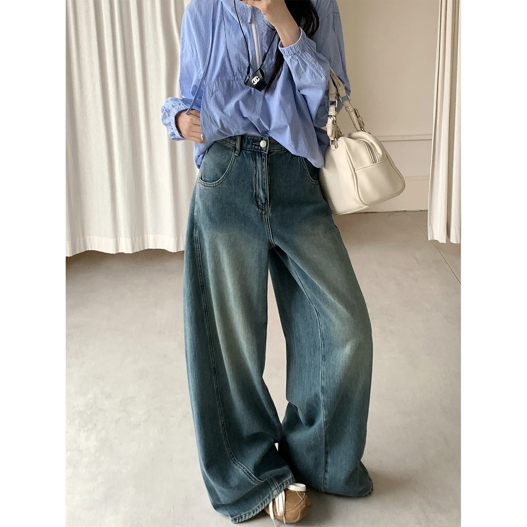 大码女装阔腿牛仔裤女2025高腰显瘦长裤设计感遮胯宽松直筒裤