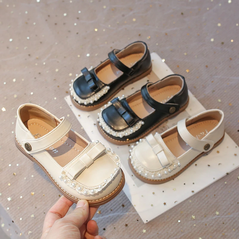 儿童小皮鞋2025年春夏新款女童可爱花边蝴蝶结公主鞋珍珠方口单鞋
