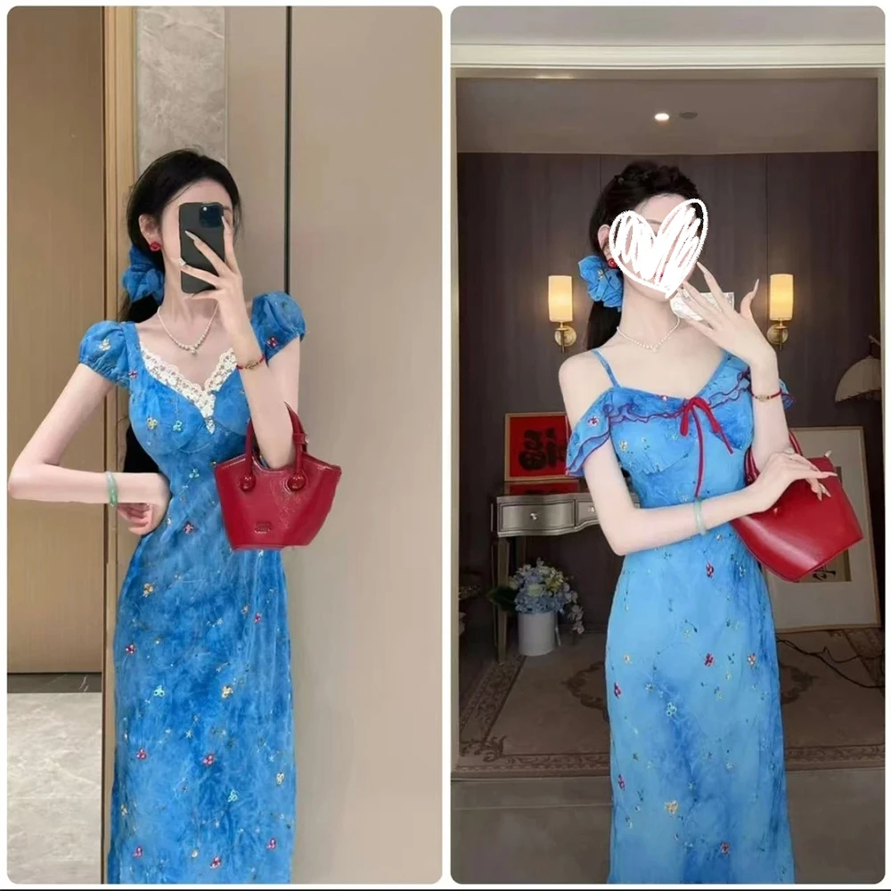 【卡普里蓝调】双版本两穿碎花荷叶边无袖连衣裙+短袖连衣裙 D8122
