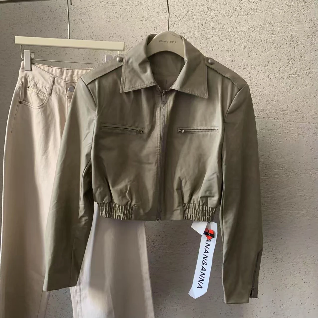 【 雨•美 推荐 】15532杏色拉链西装领皮衣外套