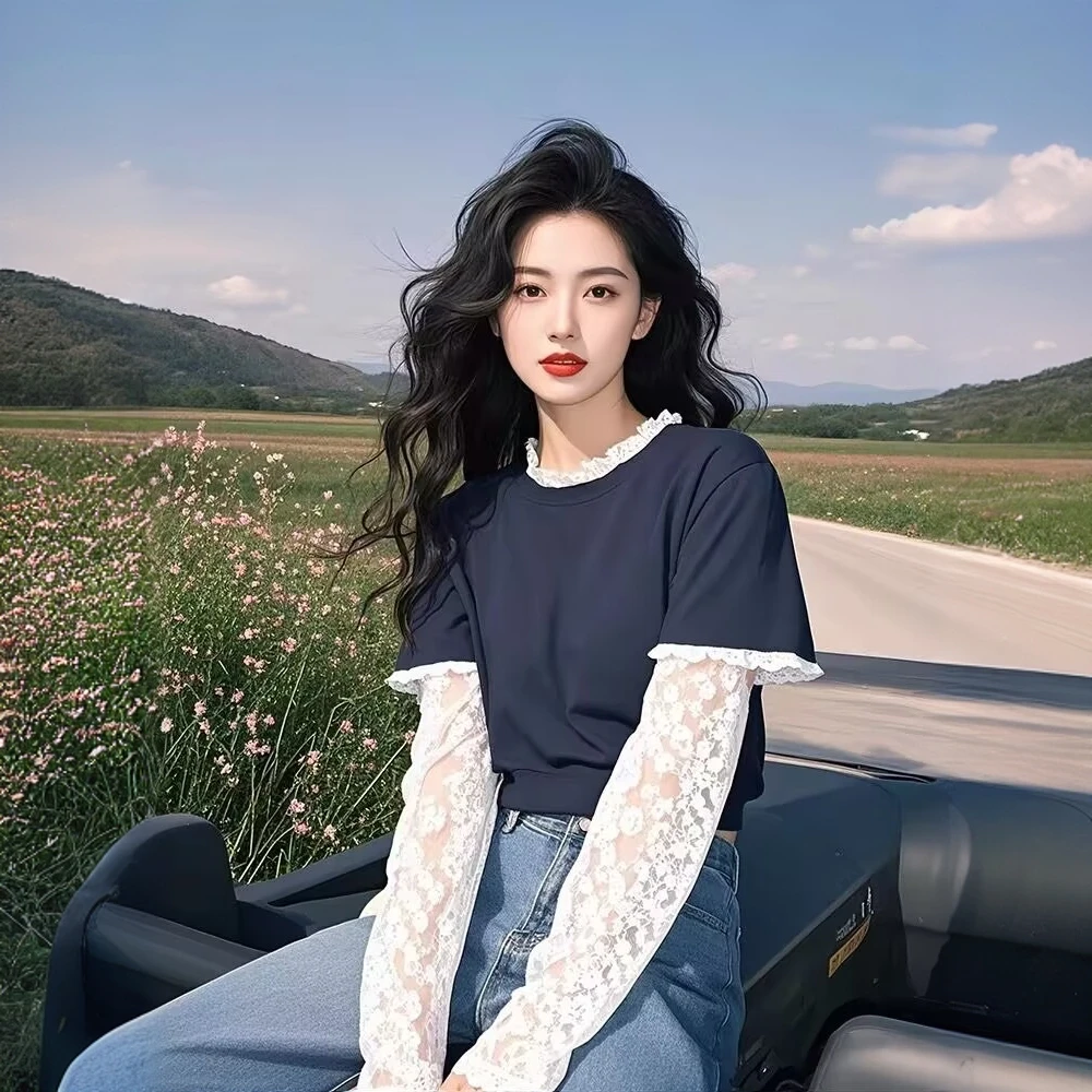 2025春季新款独特漂亮内搭上衣可外穿白色蕾丝拼接假两件长袖t恤