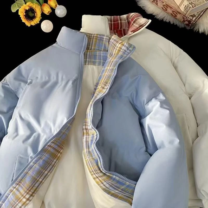 美式潮牌格子拼接棉服男2025冬季新款宽松潮流外套情侣立领面包服