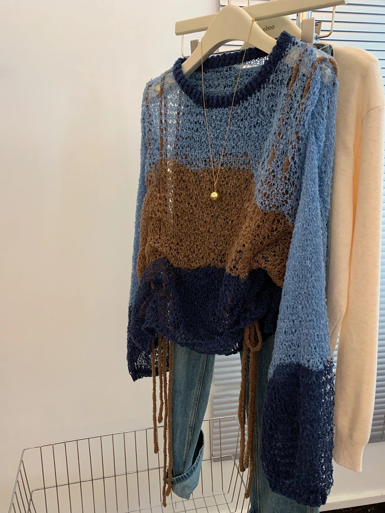 蓝色镂空针织衫毛衣2025新款时尚上衣设计感小众罩衫韩系早秋穿搭