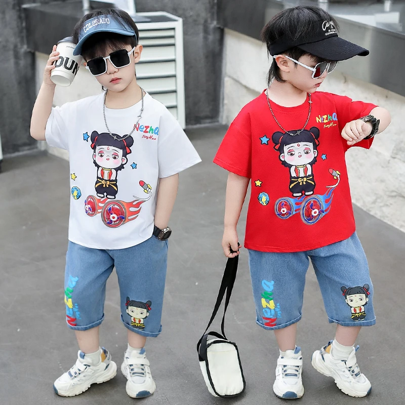 哪吒短袖牛仔套装2025夏季新款风火轮男童哪吒宝宝时尚休闲套装