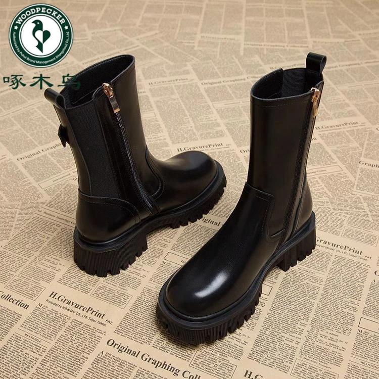 啄木鸟厚底马丁靴女2025秋冬新款切尔西烟筒靴黑色加绒高级感短靴