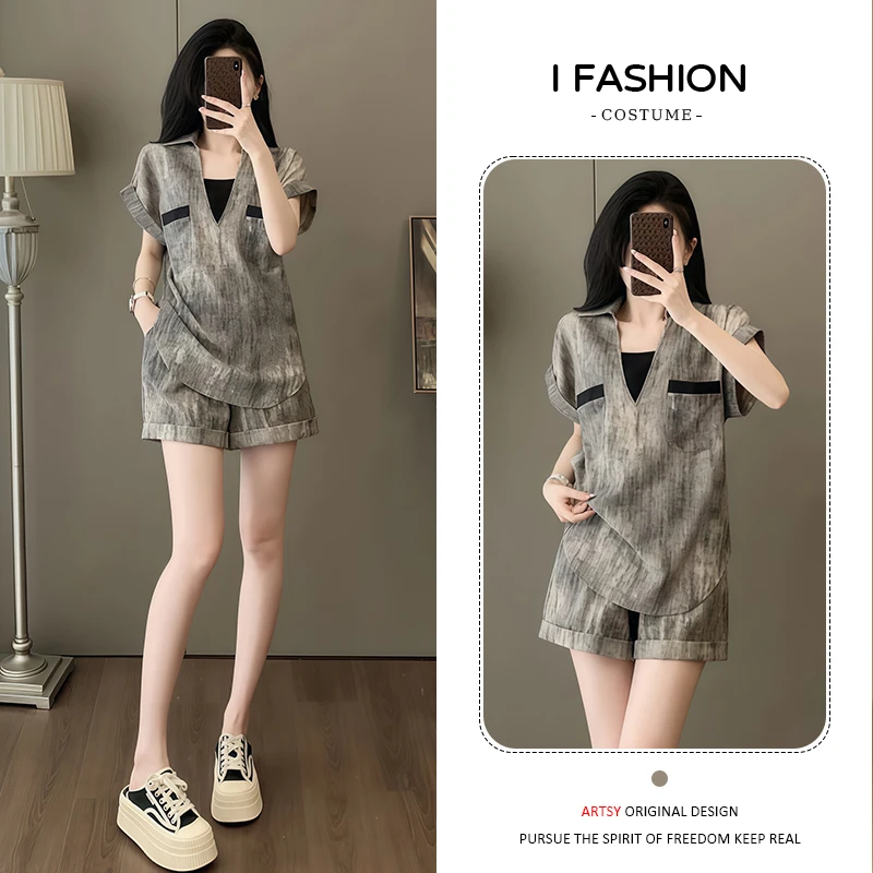 时尚欧货休闲套装女2025年夏季新款设计感拼接上衣高腰短裤两件套