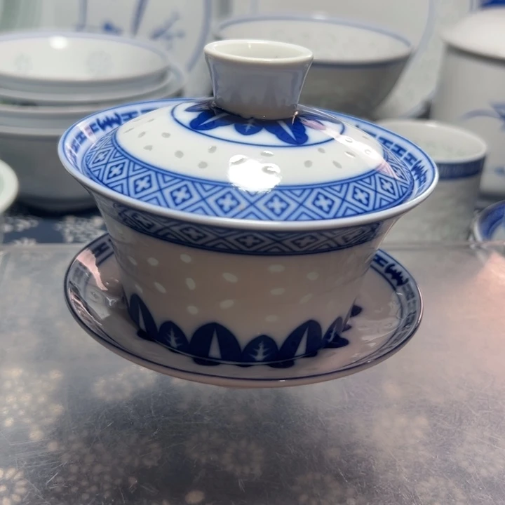 青花玲珑三才盖碗