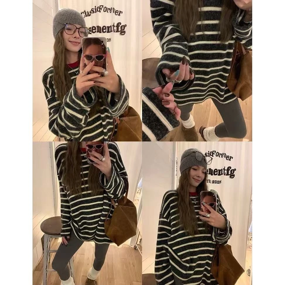 海盐奥利奥~软糯毛绒条纹撞色长袖t恤女冬季宽松复古圆领内搭上衣