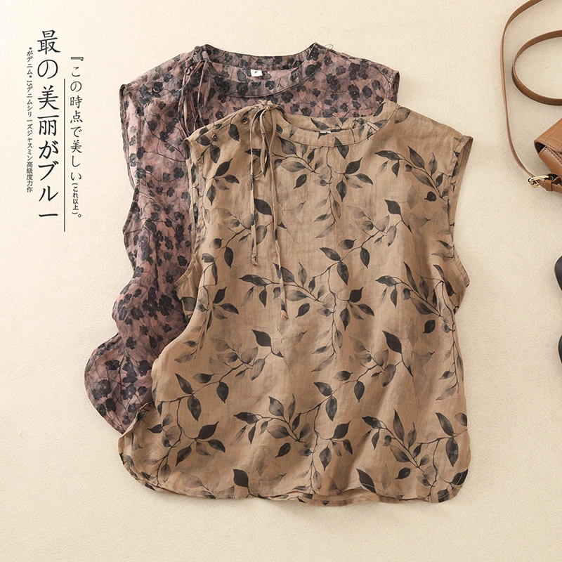 2025现货苎麻复古偏襟麻料碎花背心外穿新中式无袖圆领衬衫上衣夏