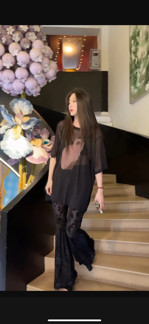 926小猫网衫5509丝绒网纱喇叭裤套装