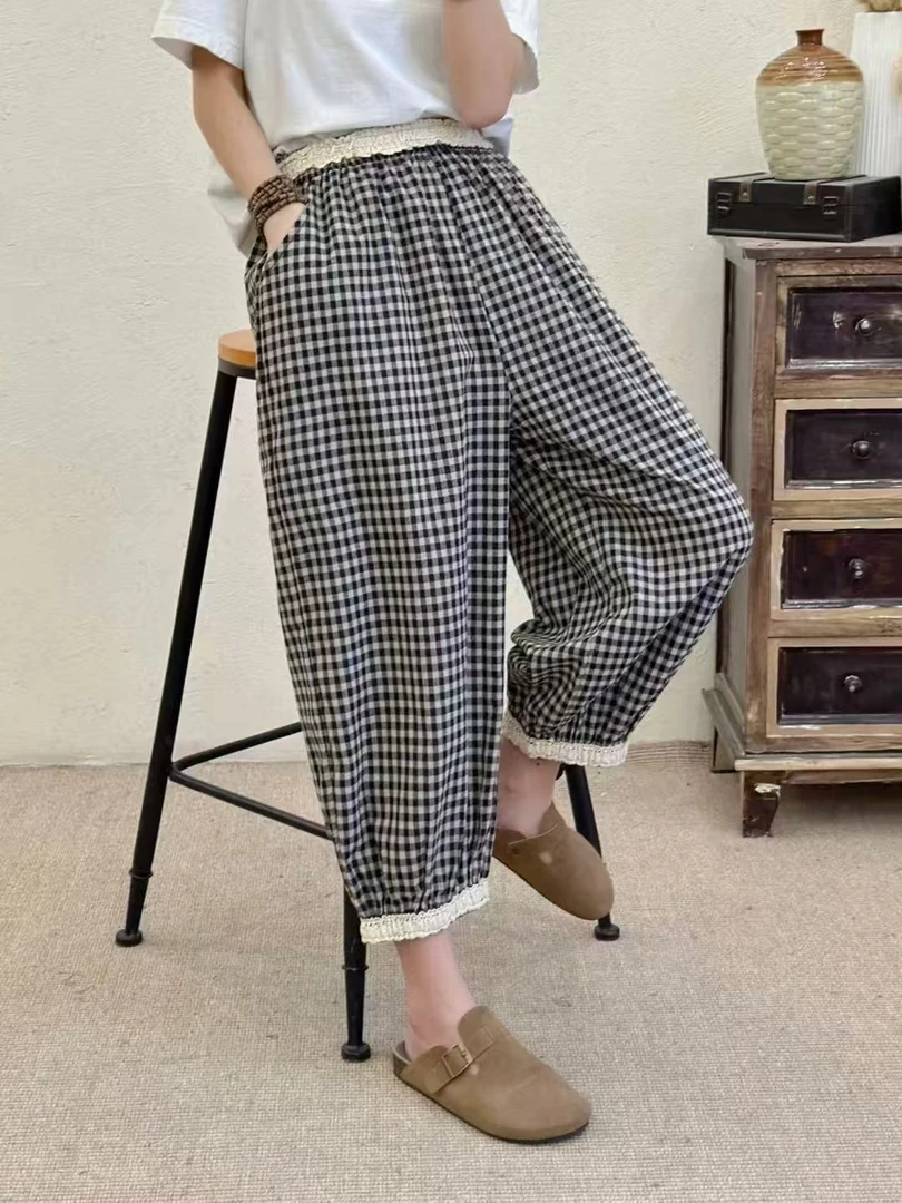 松紧腰拼接钩花蕾丝小格子灯笼裤八分裤文艺休闲小个子阔腿九分裤