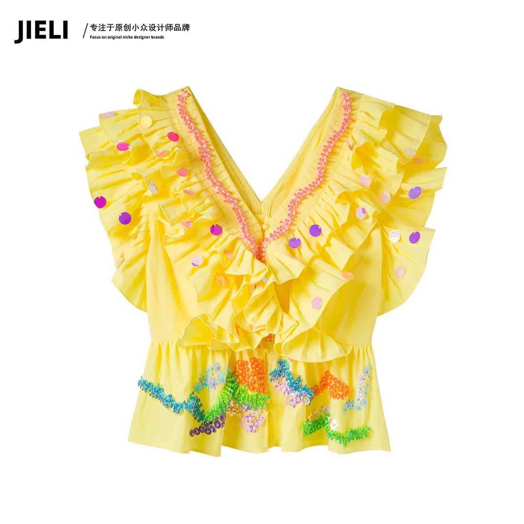 JIE LI/街力设计师高级感气质上衣夏季时尚黄色V领上衣女Q8507