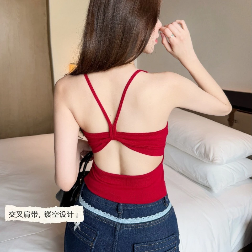 夏季新款辣妹时尚吊带镂空露背蝴蝶美背上衣修身显瘦带胸垫内衣x