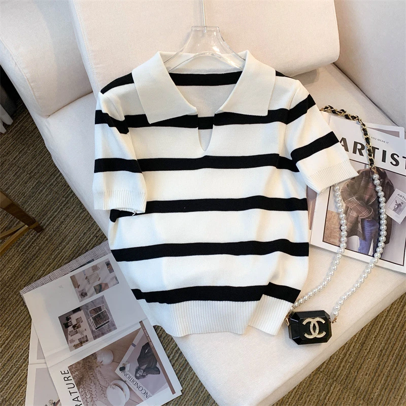 夏季2025年新款复古条纹POLO领短袖T恤女装短款百搭针织衫上衣潮