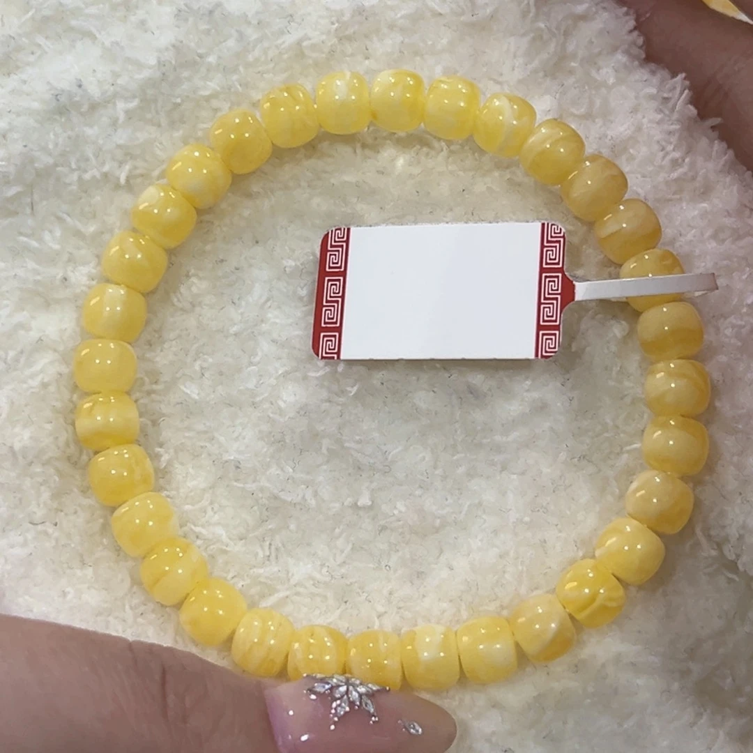 蜜蜡手链未镶嵌方*花7m黄白花孤品