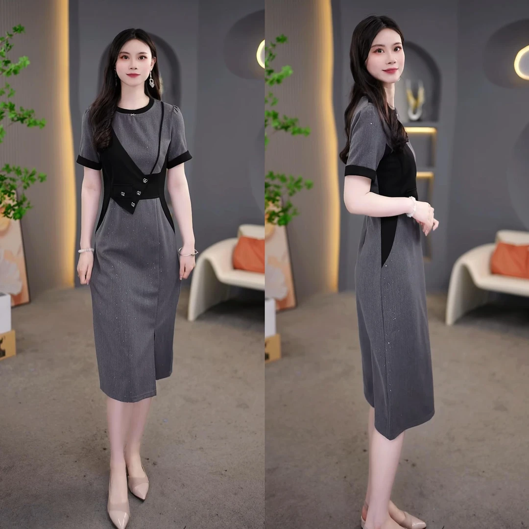 2025夏季新款灰黑拼色中袖高级质感设计感连衣裙M-4XL