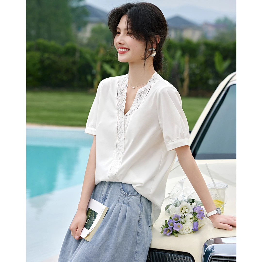 XWI/欣未2025夏季新款花边拼接百搭显瘦气质优雅短袖薄款衬衫0000