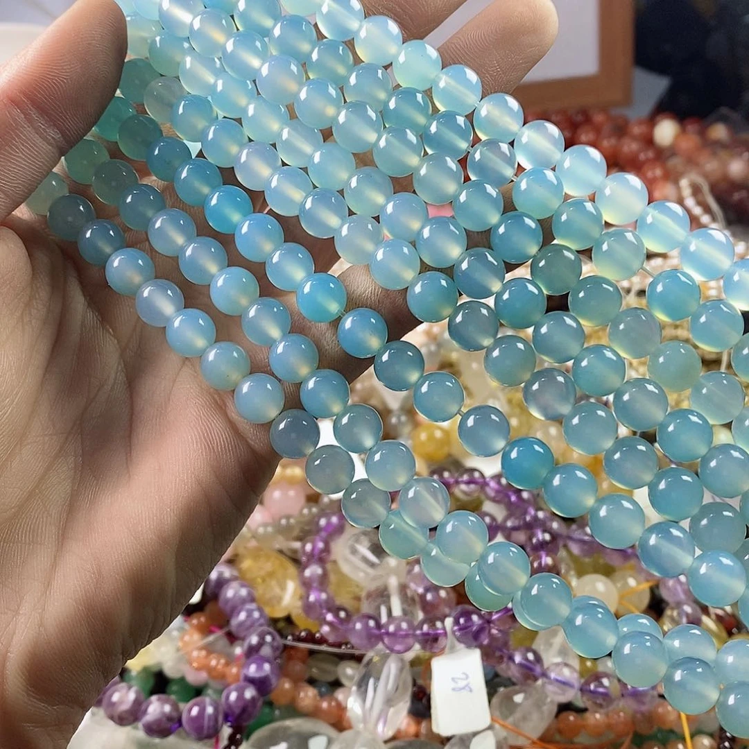 玛瑙/玉髓珠宝半成品未镶嵌一条天然8mm薄荷蓝玛瑙圆珠A级