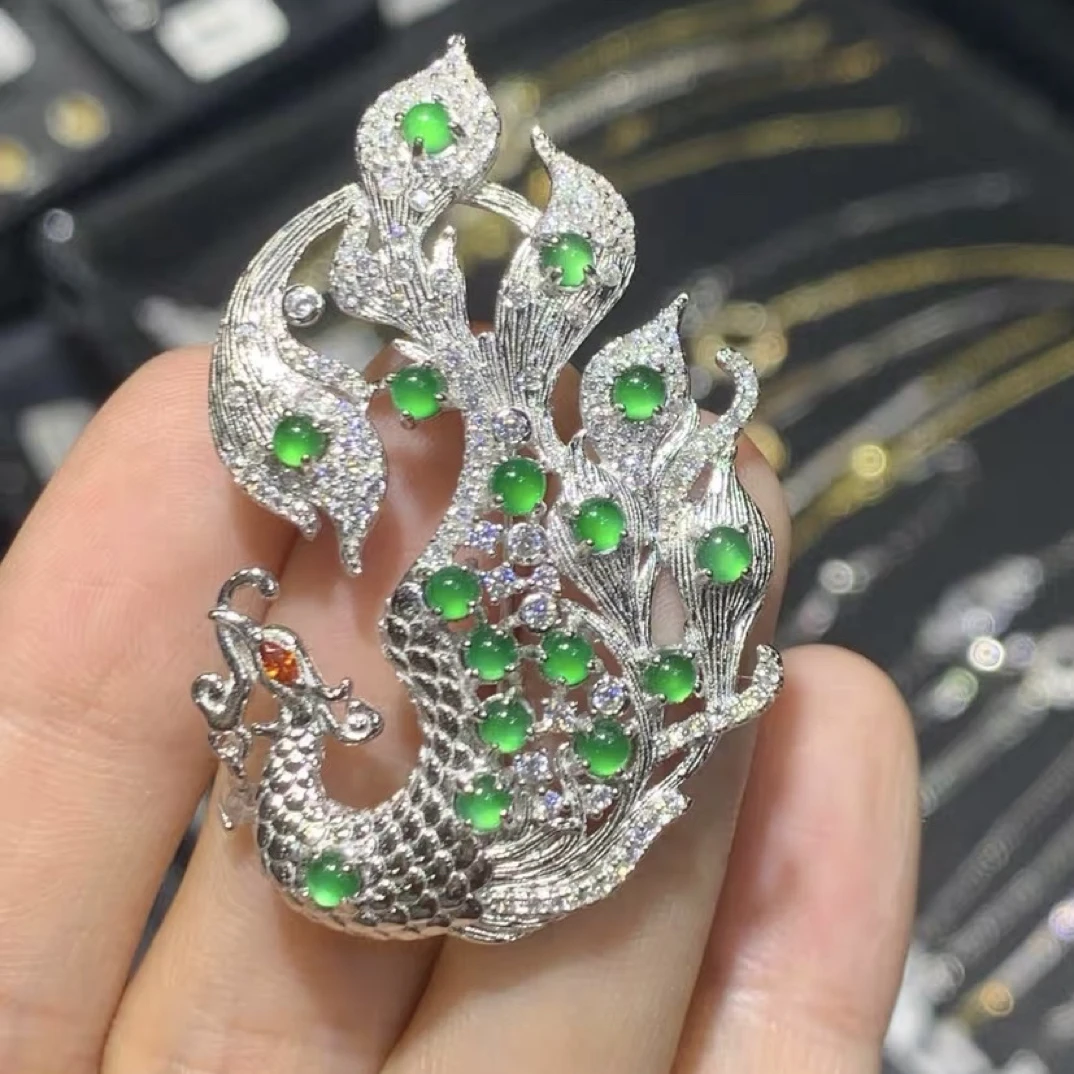 925银胸针 爆款新款S925银镶嵌天然A货高冰满绿蛋面凤凰胸针吊坠