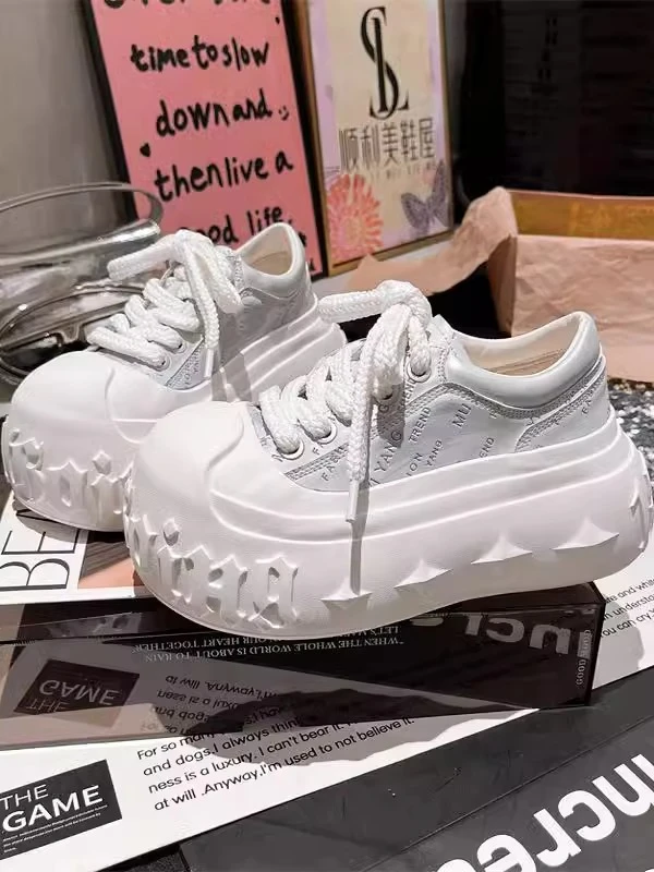 珠光擦色金色字母厚底松糕休闲面包鞋溶解鞋小个子6cm小白鞋女鞋