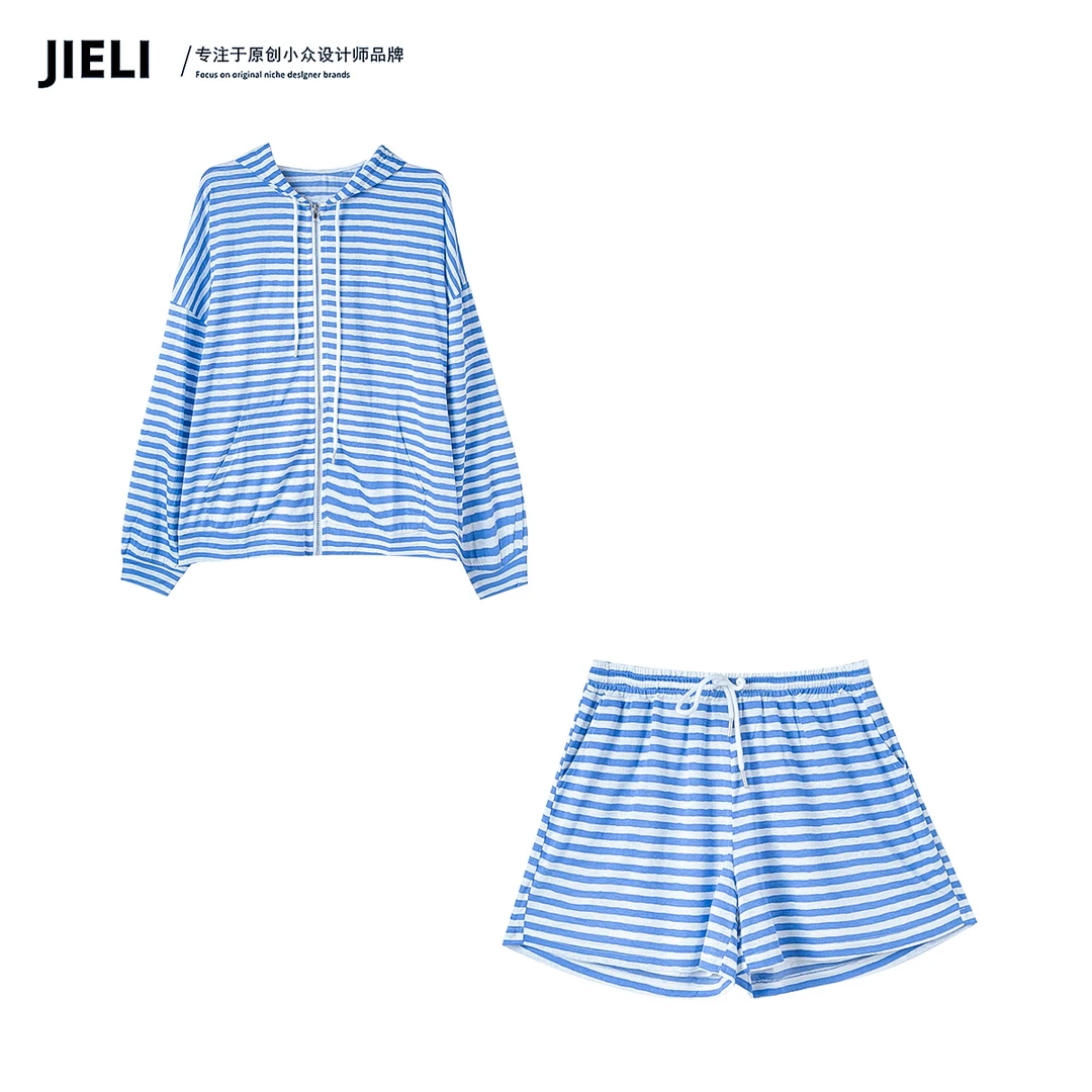 JIE LI/街力小众设计蓝色条纹套装时尚休闲潮流两件套女W1061