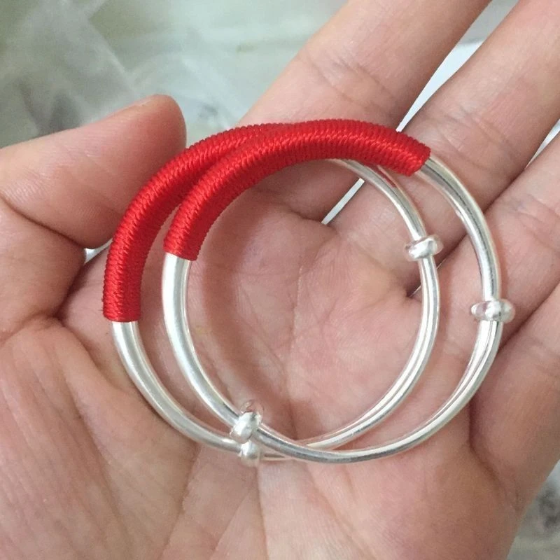 足银手镯 足银9999实心可调节素圈婴儿手镯满月周岁礼