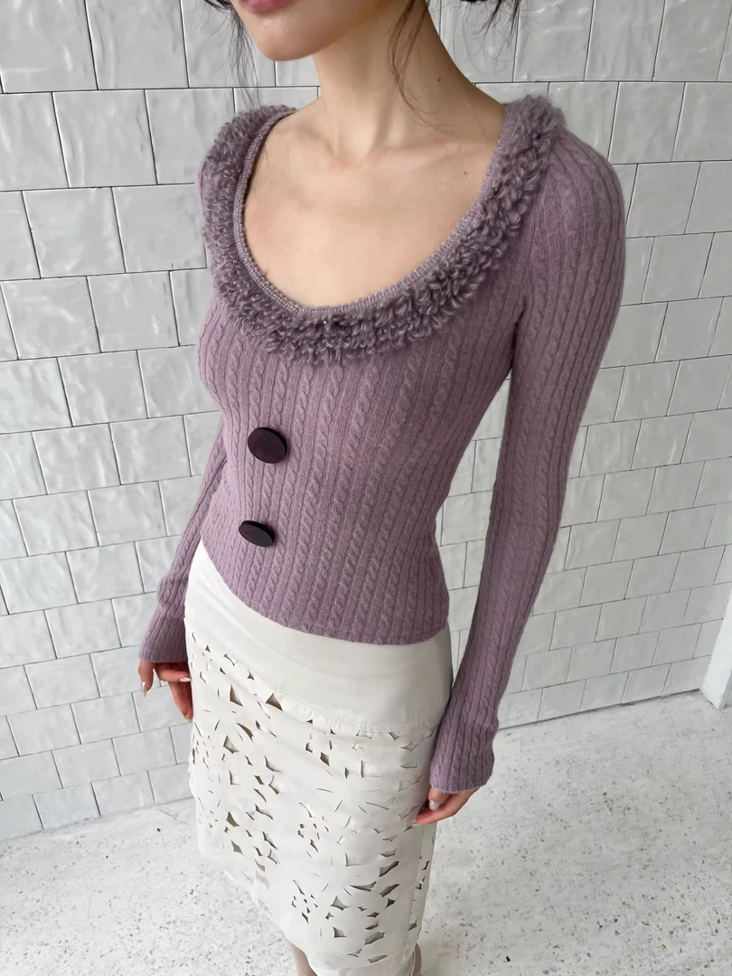 复古毛领纽扣高级感修身短款上衣