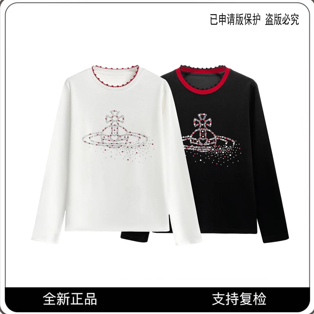68158#CSIN轻奢时尚拼接烫钻长袖T恤2025显瘦休闲个性上衣潮