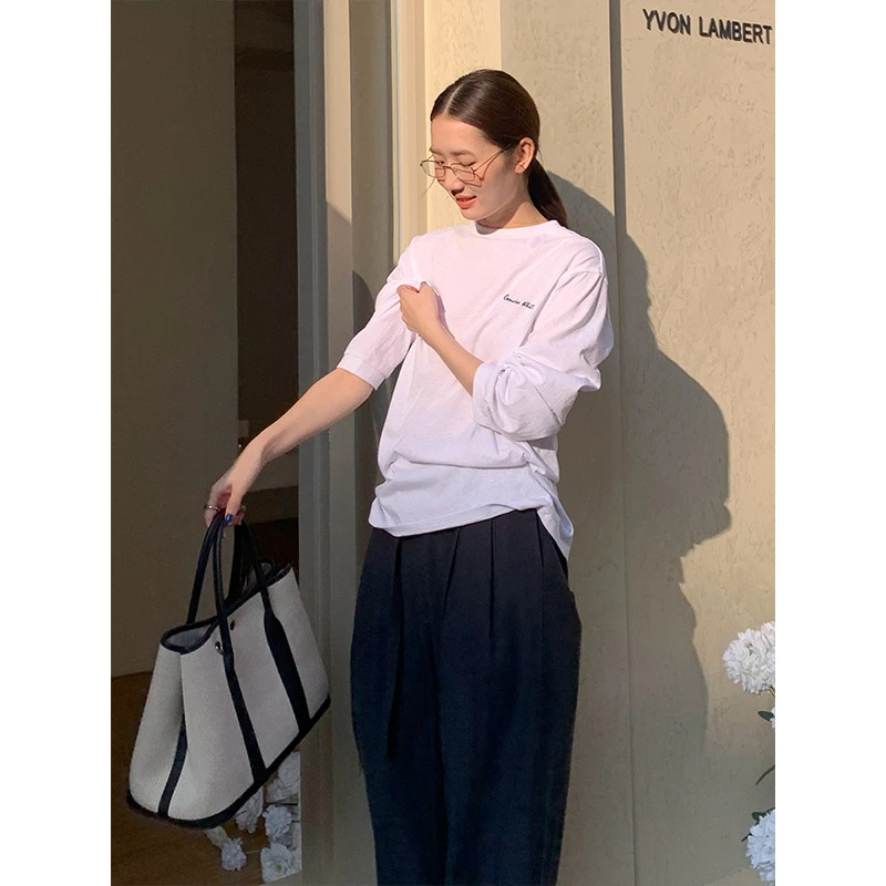 字母刺绣圆领长袖T恤女2025春季新品韩版宽松上衣T275