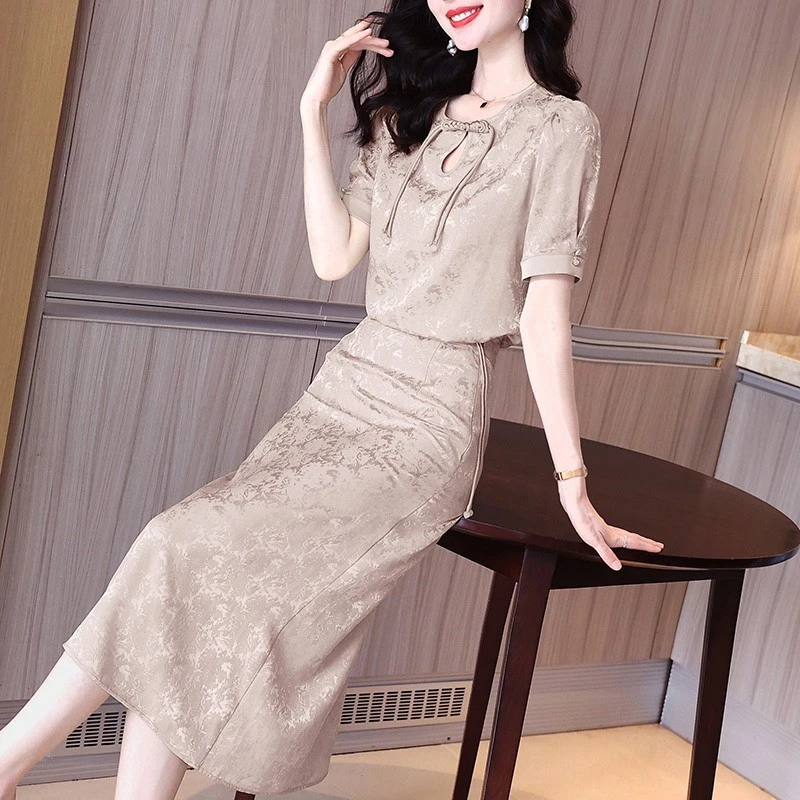 夏季新中式复古礼服裙国风提花短袖T恤包臀显瘦半裙两件套连衣裙