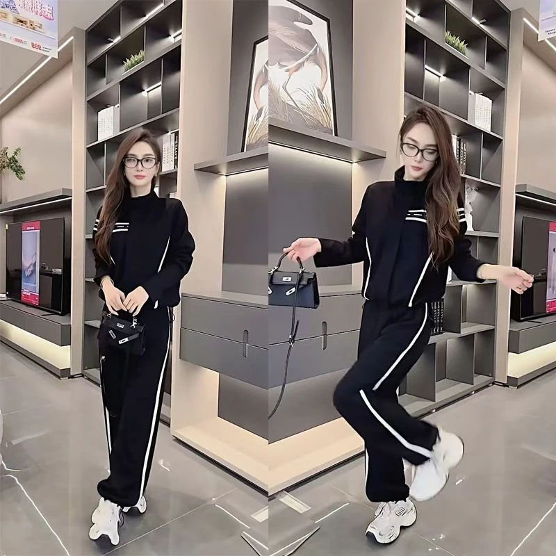 欧货女休闲运动套装春秋款网红爆款立领开衫松紧腰裤脚抽绳两件套