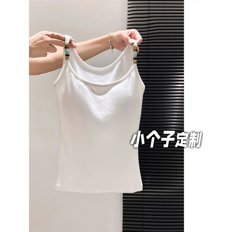 150小矮个子猫眼石串珠背心女夏季带胸垫修身吊带内搭无袖短上衣