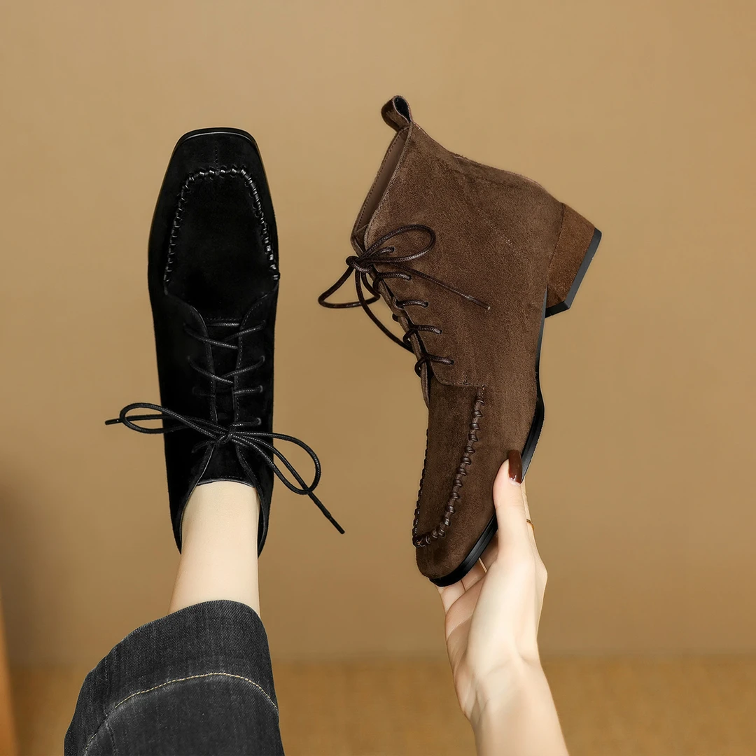 诗宝斐尔真皮复古系带马丁靴女秋季英伦风磨砂粗跟低跟短靴及裸靴