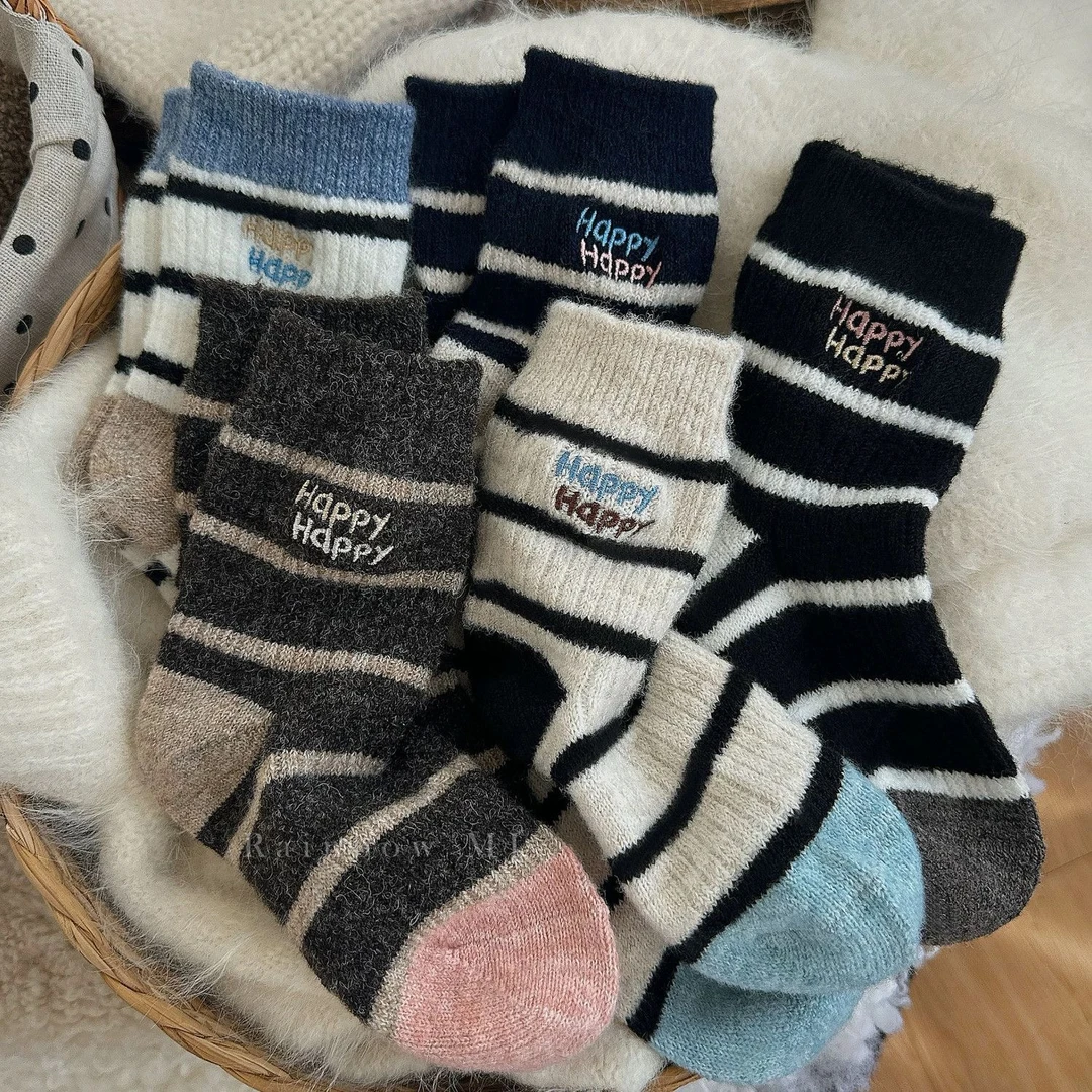 儿童袜子秋冬季韩版条纹刺绣加厚羊毛袜男女童冬款羊毛保暖中筒袜