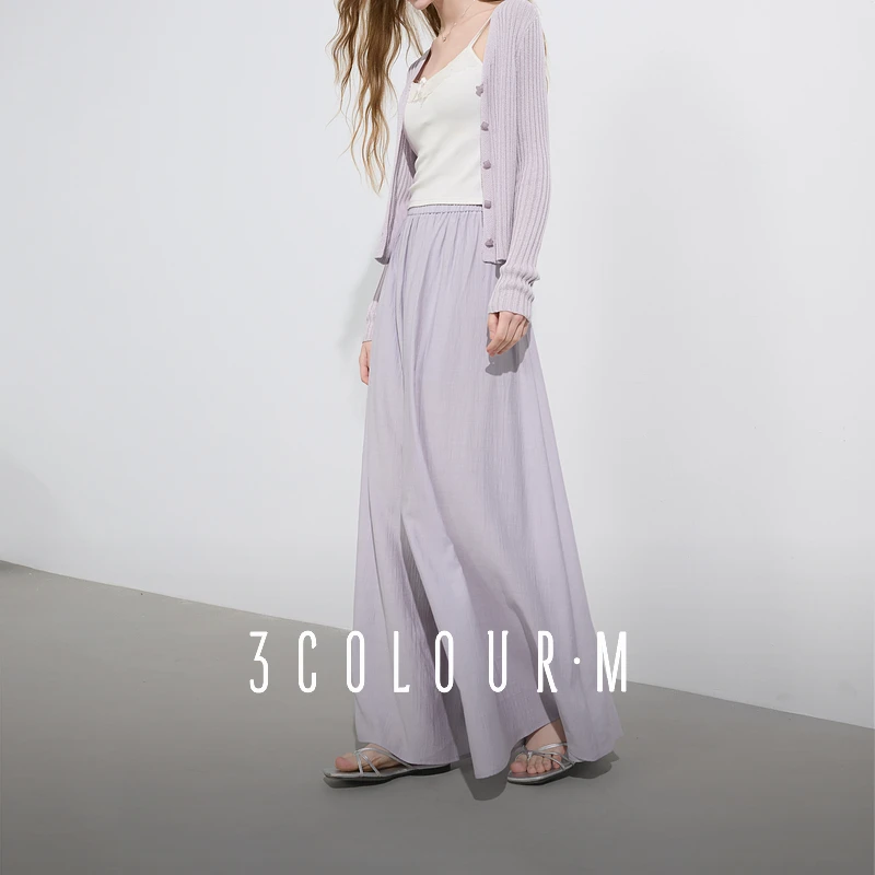 三彩2025夏季新款休闲裤高腰宽松淡紫色阔腿裤九分裙裤垂感女M