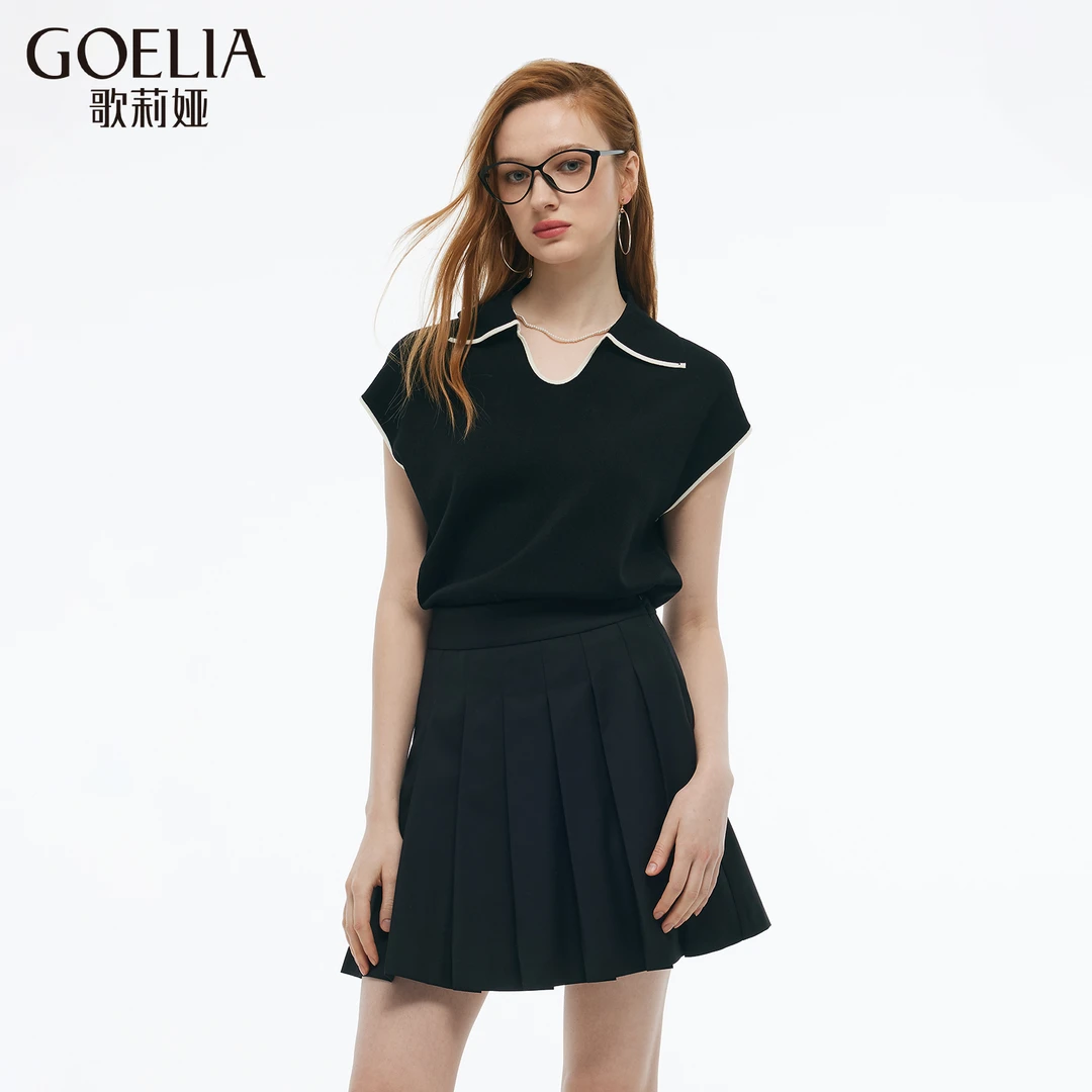 歌莉娅夏季新款撞色边针织T恤上衣纯色简约运动休闲小众1E5J5B500