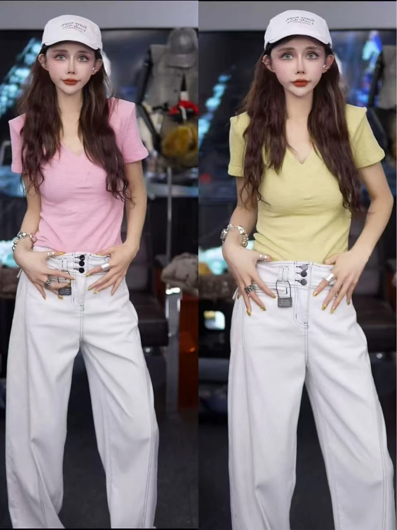 星宝同款韩国东大门夏季新款纯色百搭V领修身显瘦垫肩短袖T恤女