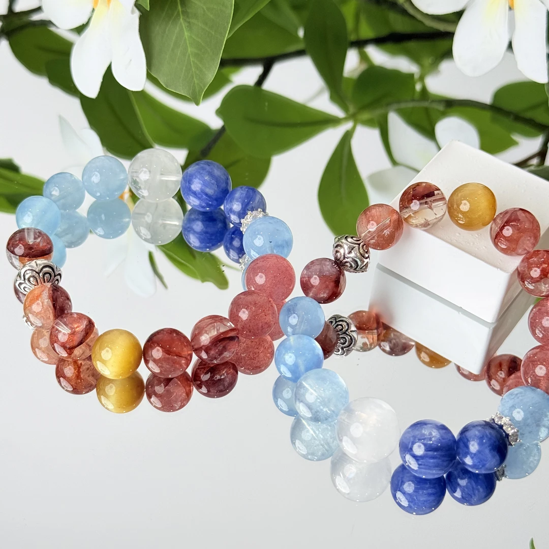 【262 情商在线】白水晶蓝晶石红胶花手串12mm面小仙多样性发其一Z
