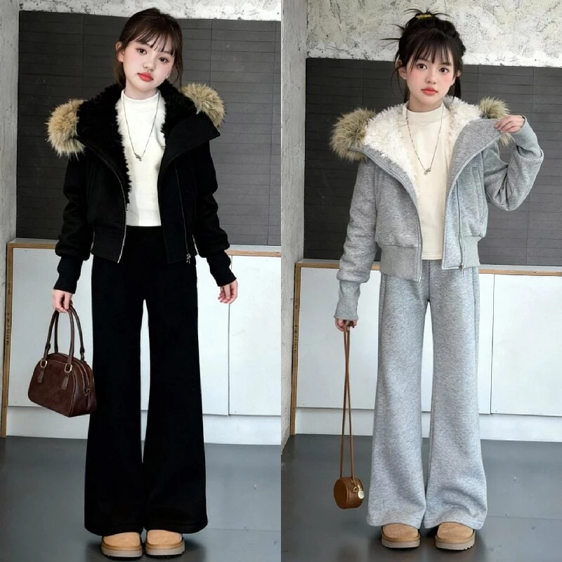 女童加绒加厚卫衣卫裤套装2025年新款儿童秋冬装连帽韩版外套长裤