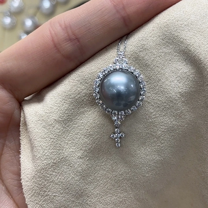 银S925镶嵌海水珍珠颈饰大溪地 13-14mm 20号