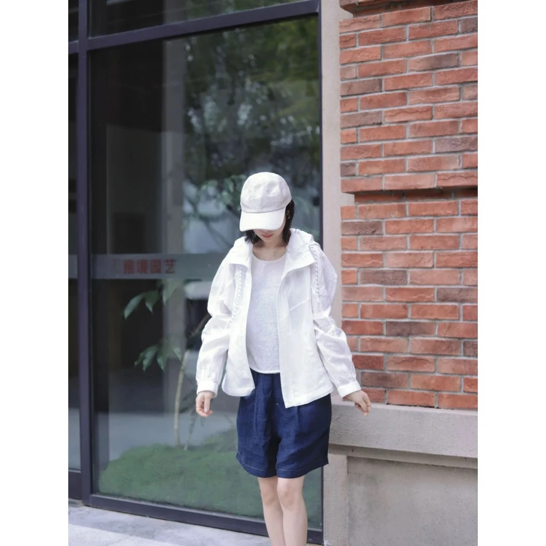 【轻氧防晒衣】汉麻抽绳连帽运动风白色休闲外套2535