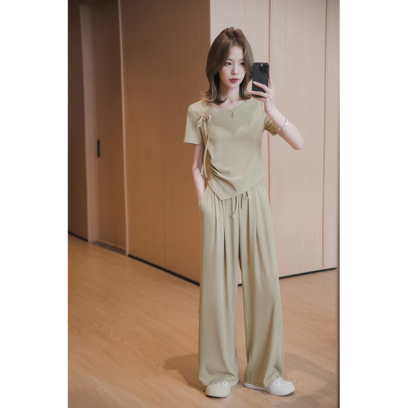 小谷粒【罗勒套装】旅游出街洋气休闲气质小众短袖+阔腿裤针织套装