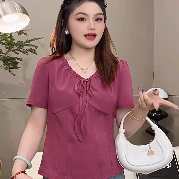 大码胖mm设计感短袖抽绳T恤女法式复古鱼骨遮肉修身显瘦短款上衣