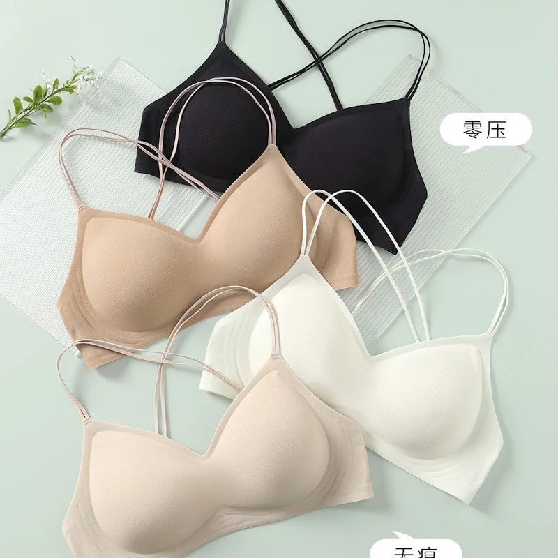 夏季冰淇淋美背凉感内衣无钢圈细肩带乳罩交叉带大露背无痕胸罩