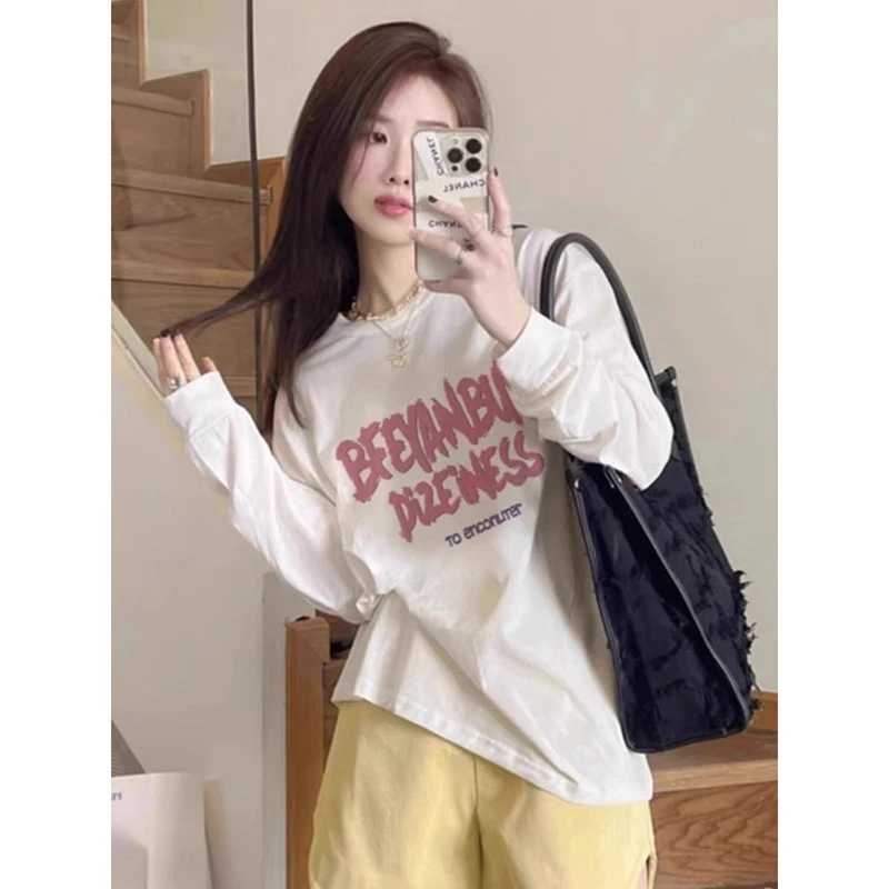 胖mm300斤白色字母印花长袖T恤女内搭春秋季休闲小众高级感上衣潮